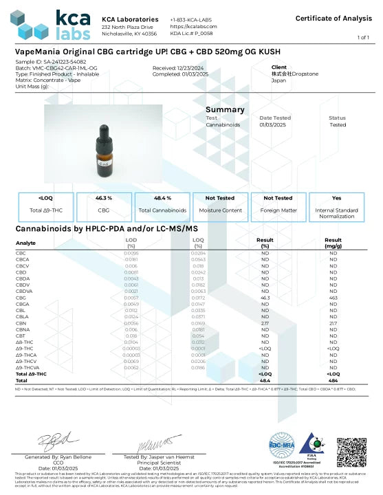 CBD MANIA高濃度CBGリキッドカ－トリッジ